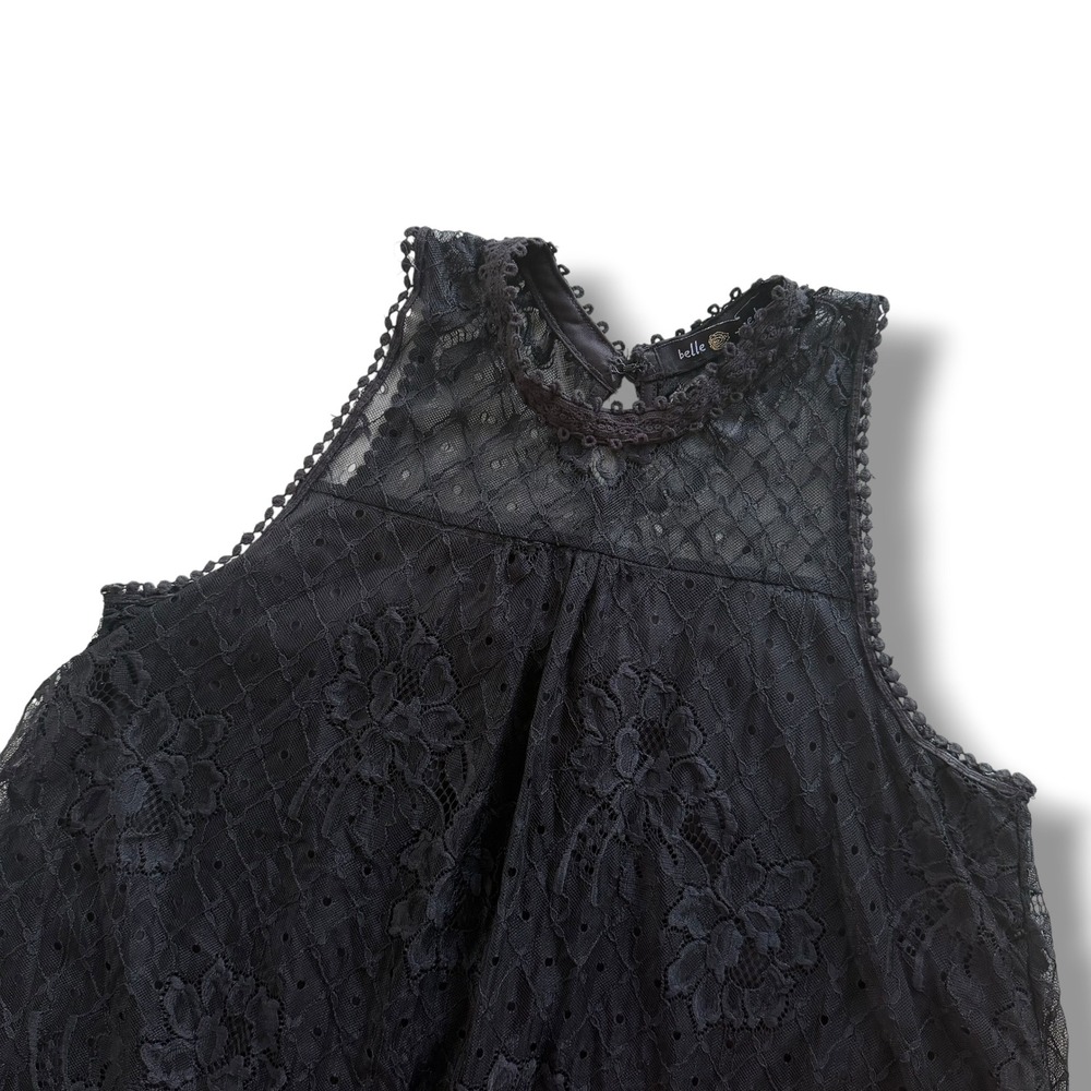 Belle Tweed Womens L Black Floral Lace High Neck Sleeveless Blouse Scalloped Hem